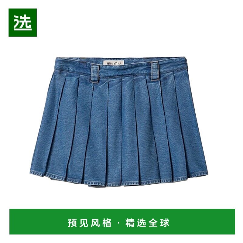 欧洲直邮MiuMiu 24新款 女士蓝色粘胶水洗处理刺绣徽标低腰短短裙