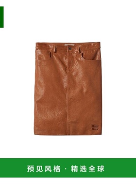 欧洲直邮MiuMiu 24新款 女士黄色皮革背部开衩压花字母徽标半中裙