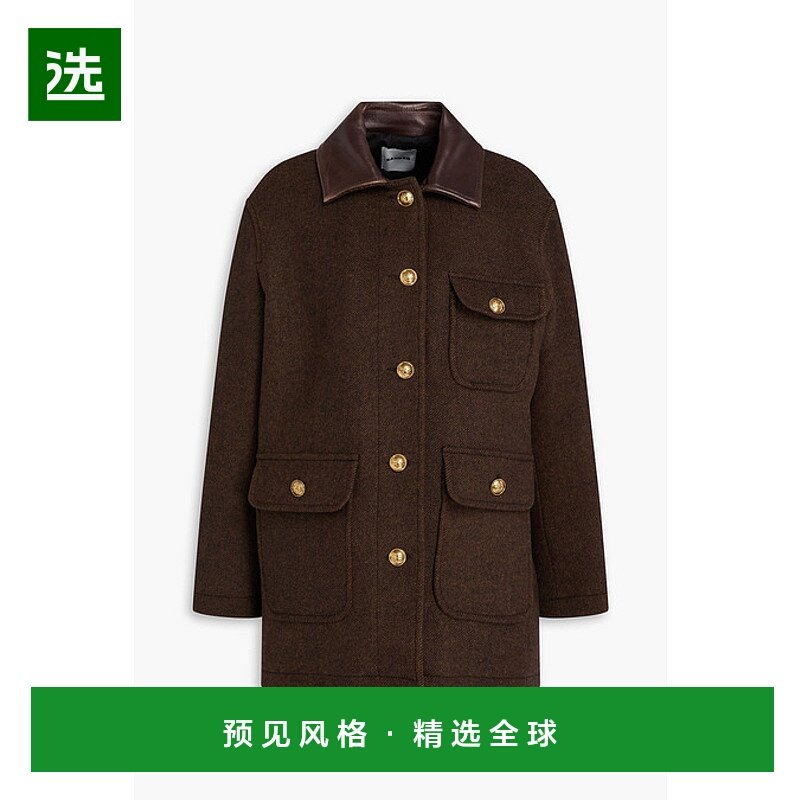 1h可退 香港直邮Sandro 女士 皮革边羊毛混纺斜纹布大衣 SFPOU006