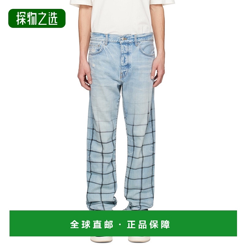 1h可退 香港直邮AMIRI 男士 蓝色 Faded Out Plaid 牛仔裤 AMDNGH