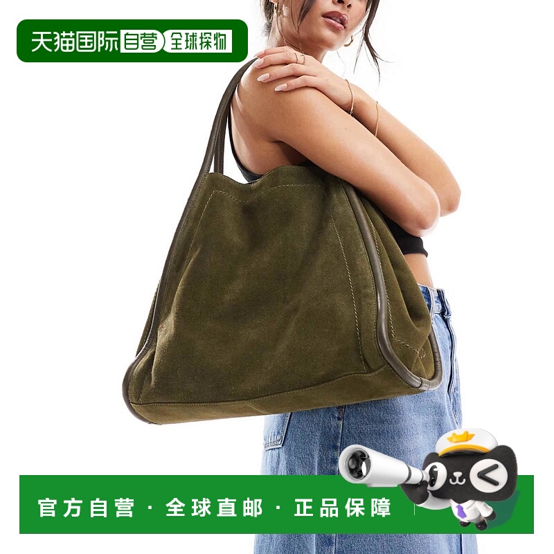 1h可退 香港直邮ASOS 女士 tubular 设计绒面革森林绿手提包
