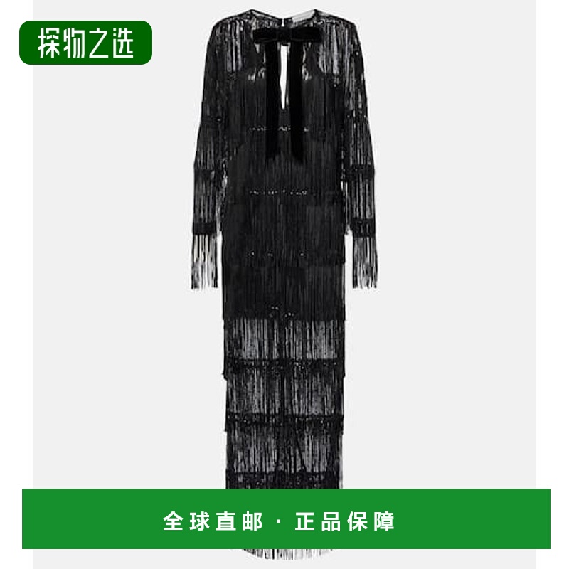 1h可退 香港直邮Nina Ricci 莲娜丽姿 女士 流苏珠片薄纱长款连衣