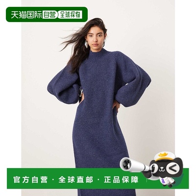 1h可退 香港直邮ASOS 女士 EDITION 短款高领针织长款连衣裙(海军