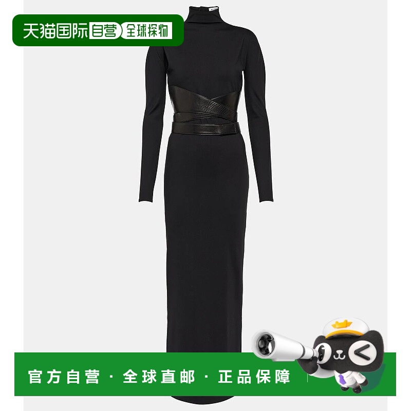 1h可退 香港直邮Alaïa 女士 皮革边针织长款连衣裙 black黑色 舒
