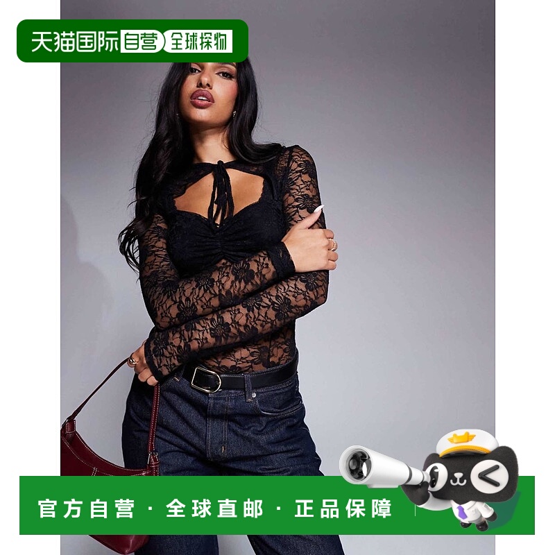 1h可退 香港直邮ASOS 女士 设计蕾丝长袖绑带细节连体衣(黑色)