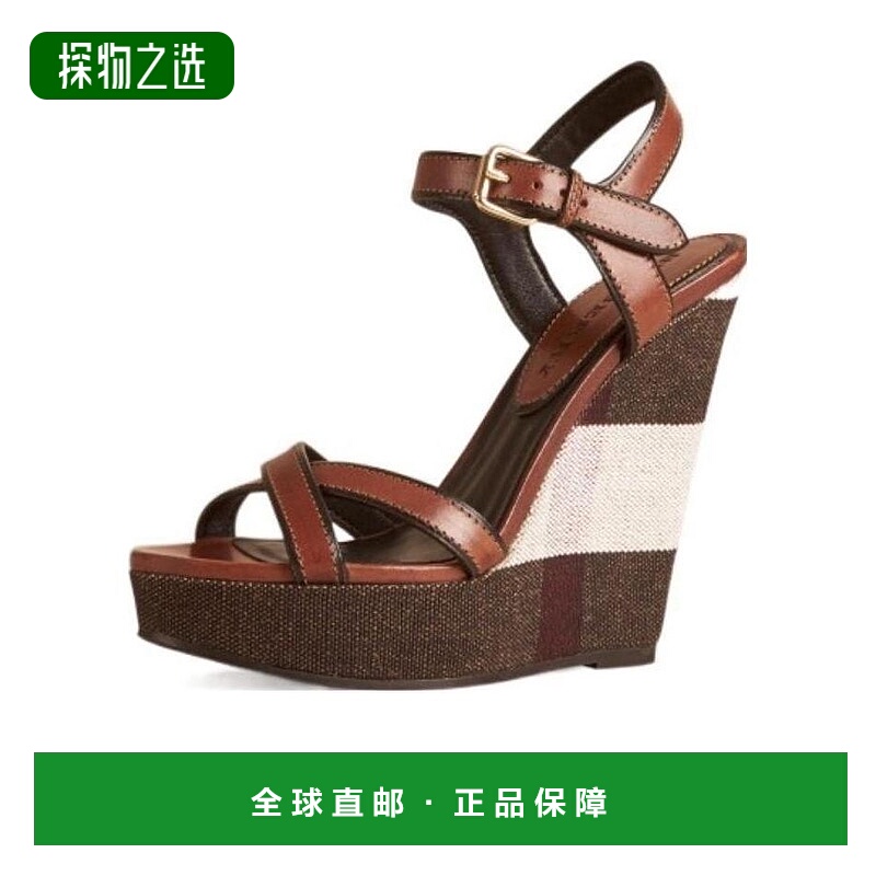 香港直邮Burberry 格纹搭扣坡跟凉鞋 40035241
