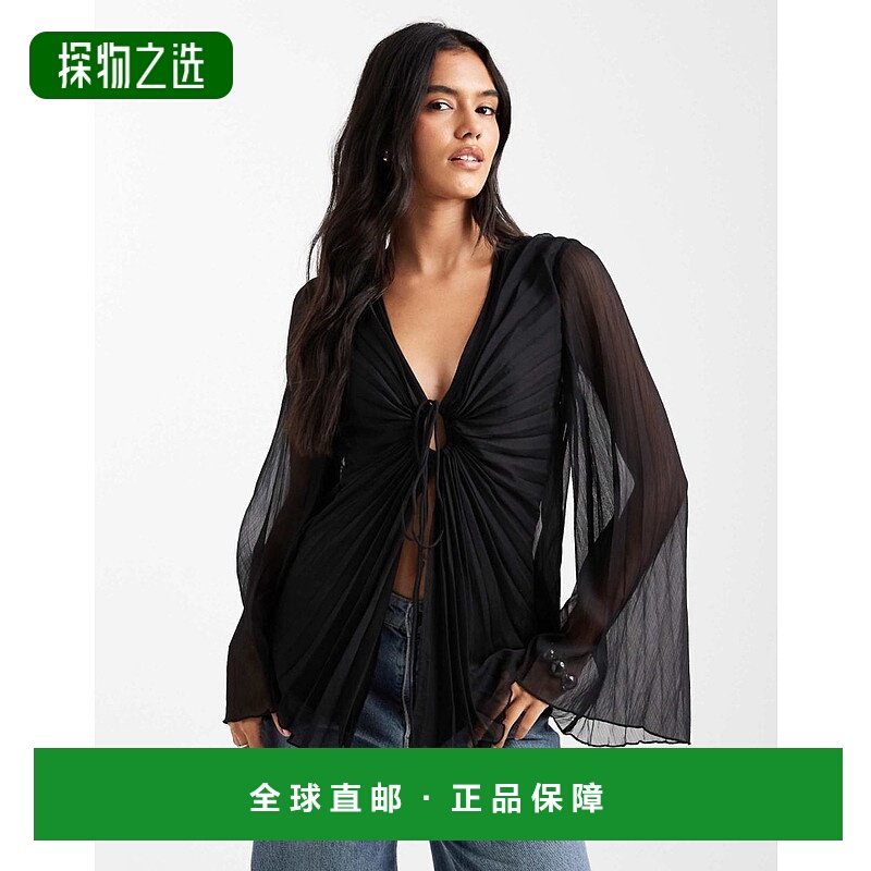 香港直邮ASOS 女士 设计褶裥前襟绑带衫(黑色) black黑色 舒适时