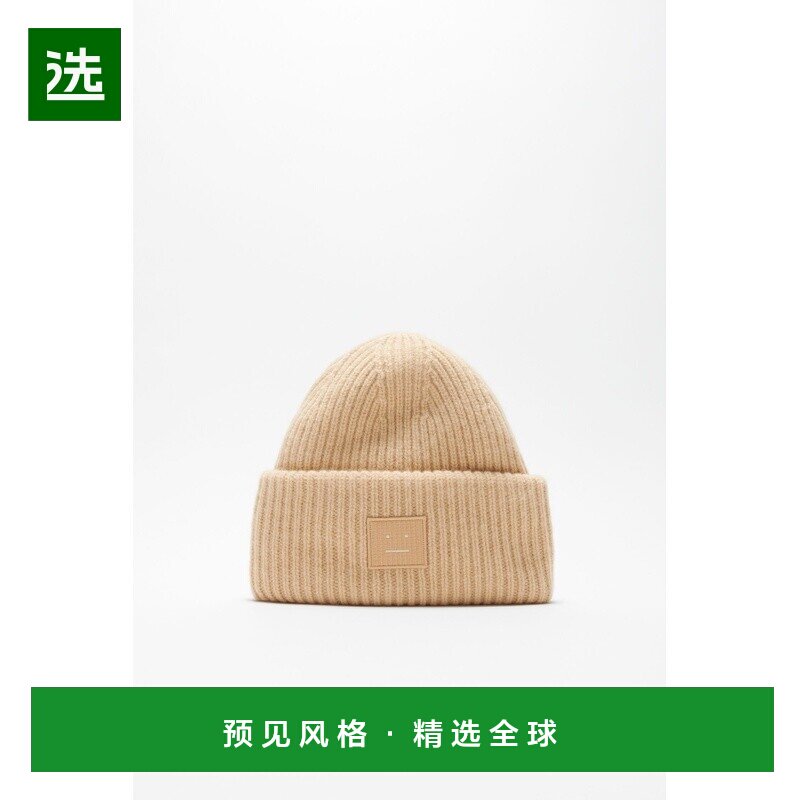 欧洲直邮ACNE STUDIO 23新款 男士曲奇米色纯羊毛大脸徽标毛线帽