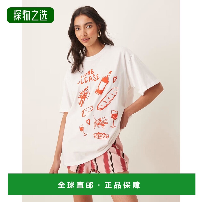 香港直邮ASOS 女士 设计宽松款酒红色印花T恤(白色)