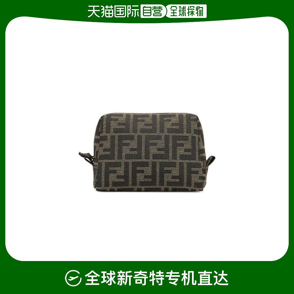 fendi/芬迪23新款女士小号板栗棕色老花帆布拉链化妆包手拿包