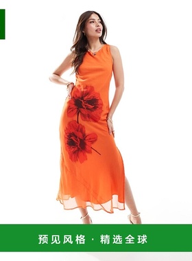 1h可退 香港直邮ASOS 女士 column 设计拼接橙色印花中长连衣裙