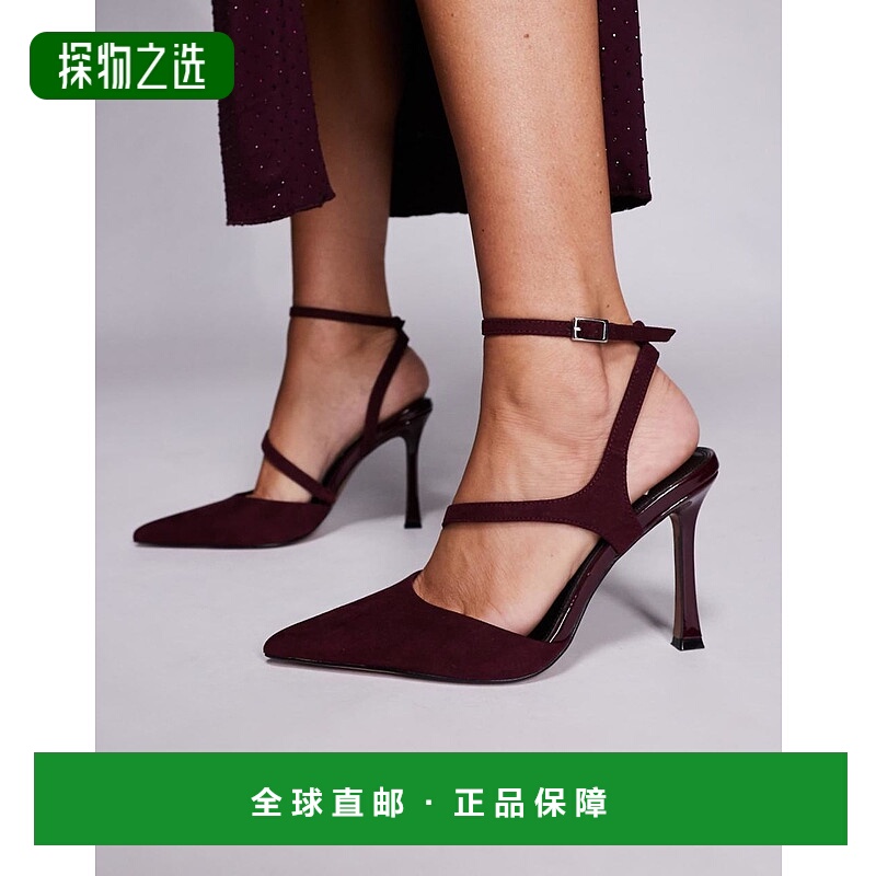 香港直邮ASOS 女士 Past suedette 设计宽版高跟酒红色鞋