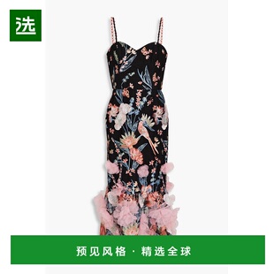 1h可退 香港直邮MARCHESA NOTTE 女士 花朵装饰刺绣薄纱中长连衣