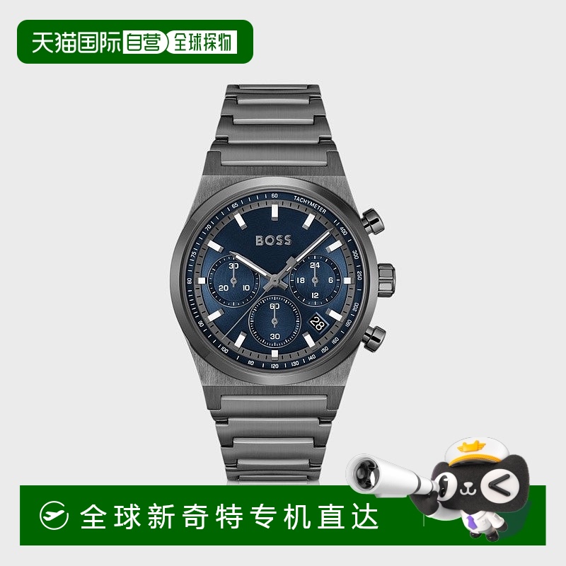 欧洲直邮HUGO BOSS雨果BOSS BLACK 灰色镀钢计时腕表 蓝色表盘