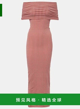 香港直邮Alaïa 女士 方格棉布露肩长款连衣裙 red红色 舒适时尚