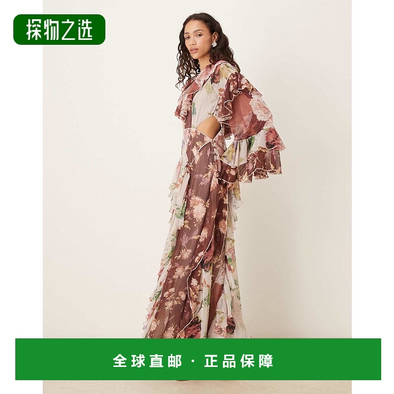 香港直邮ASOS 女士 设计超级皱褶长袖高低边下摆混合印花长款连衣