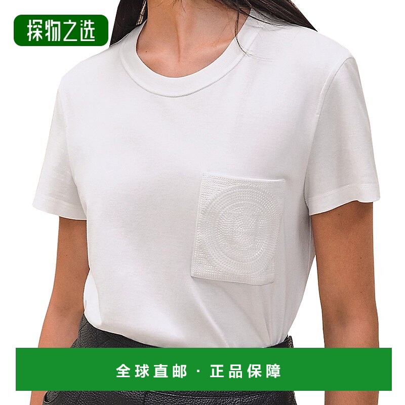 自营1h可退 欧洲直邮Hermes/爱马仕 女士白色棉质徽标刺绣口袋罗T