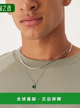 香港直邮ASOS 男士 设计防水不锈钢人造翠绿色吊坠项链(2件套)(银