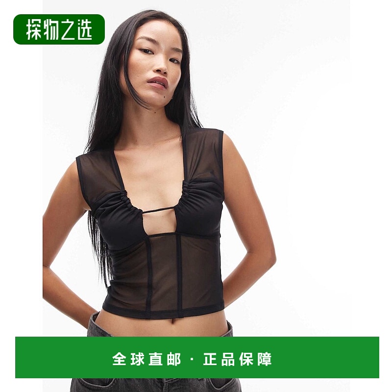 香港直邮ASOS 女士 设计透视网纱拼接深V上衣(黑色)