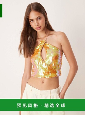 1h可退 香港直邮ASOS 女士 设计全珠片挂脖剪口橙色上衣