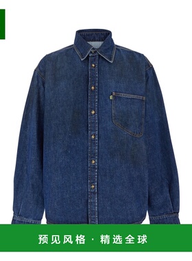 1h可退 香港直邮Erl 男士 Front 蓝色尖领徽标拼缀衬衫(牛仔色) E