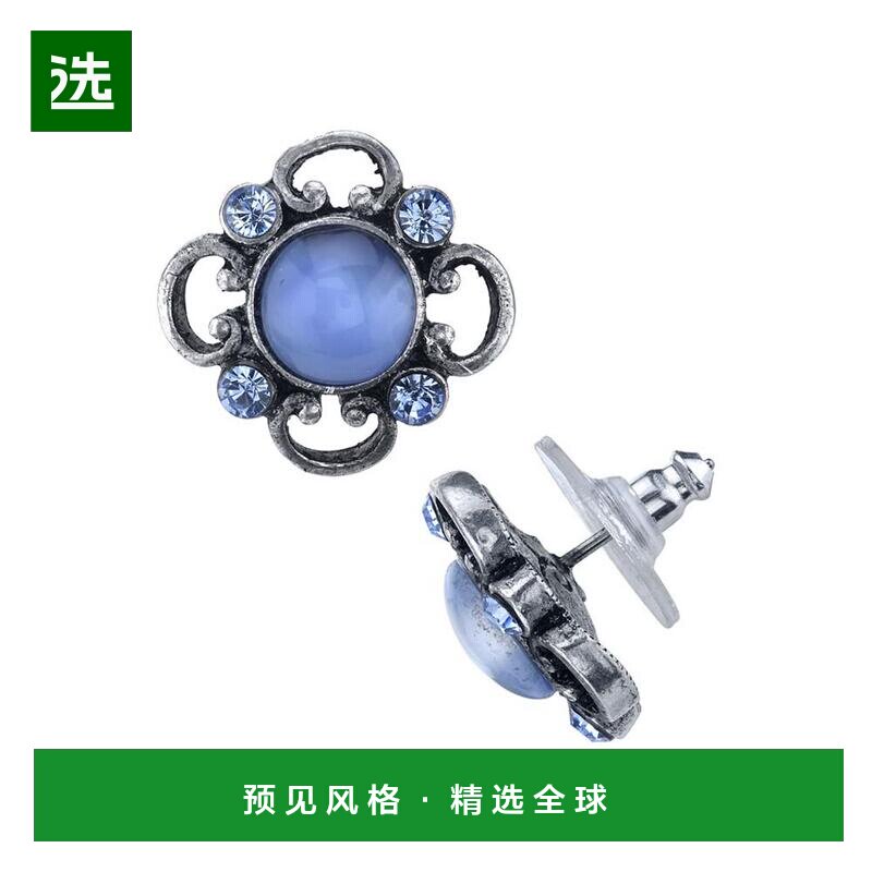 【美国直邮】锡镴色调浅蓝月光石与水晶点缀纽扣耳环饰品