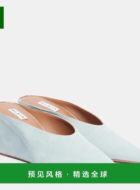 1h可退 香港直邮Alaïa 女士 Cube 75 绒面革坡跟凉拖 blue蓝色 舒