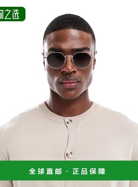 1h可退 香港直邮ASOS 男士 设计尖角圆形金属烟灰色渐变镜片淡金