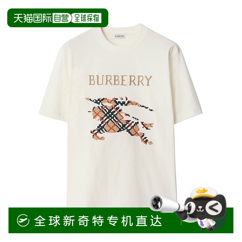 欧洲直邮Burberry/博柏利 男士白色棉质马术骑士十字绣T恤新款