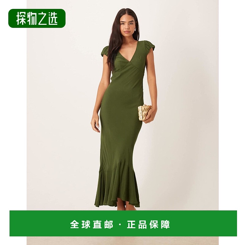 香港直邮ASOS 女士 设计泡泡袖V领长款茶色绿色连衣裙