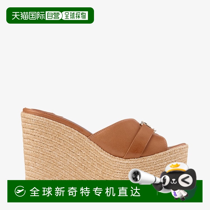 欧洲直邮JIMMY CHOO Leda Wedge 100_黄褐色纳帕皮革坡跟穆勒鞋