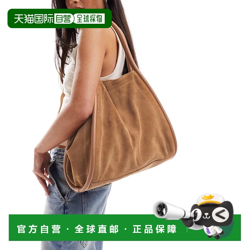 1h可退 香港直邮ASOS 女士 tubular piping 设计绒面革褐色手提包