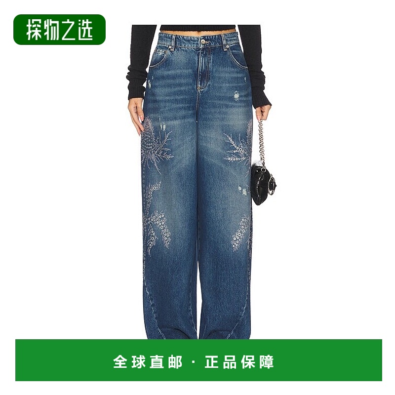 香港直邮Blumarine 蓝色情人 女士 刺绣牛仔阔腿长裤 A544J122A