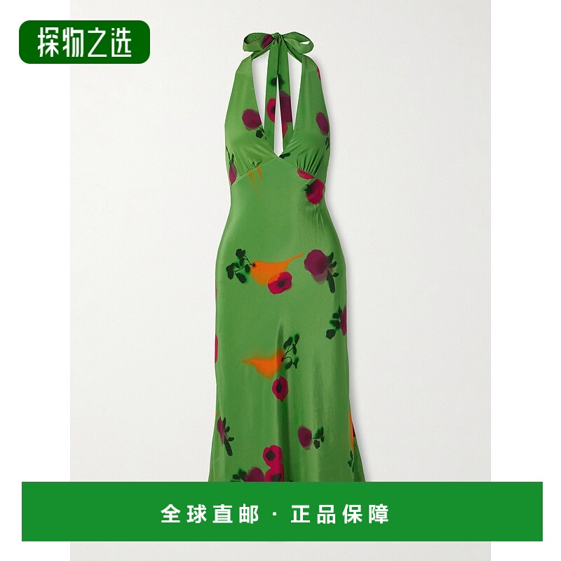 1h可退 香港直邮Staud 女士 Lucca 印花真丝绉纱挂脖中长连衣裙 R