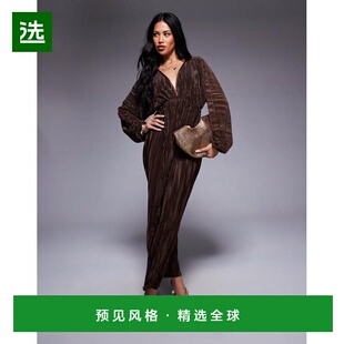 香港直邮ASOS 女士 设计打褶膨起袖V领巧克力色中长连衣裙