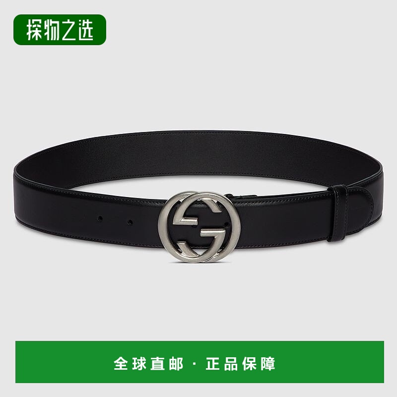 欧洲直邮Gucci古驰男士黑色皮革GG交织带扣腰带皮带