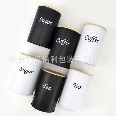 圆形竹盖铁盒tea sugar coffee三件套外贸专供厨房存储密封罐