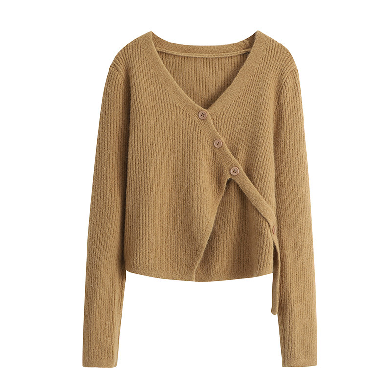 옷장 속 틈새 시크하고 아름다운 비대칭 브이넥 스웨터 긴팔 티셔츠 여성 상의 패셔너블한 가디건 재킷 여성 트렌디