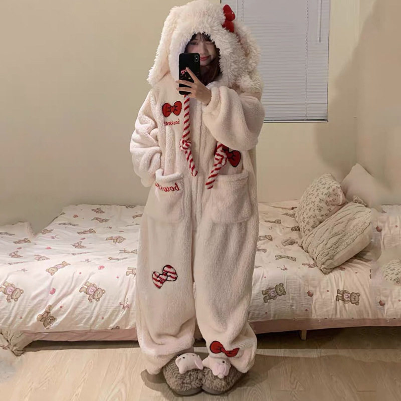 冬天可爱少女卡通珊瑚绒连体睡衣女冬季2025保暖一体式家居服ins
