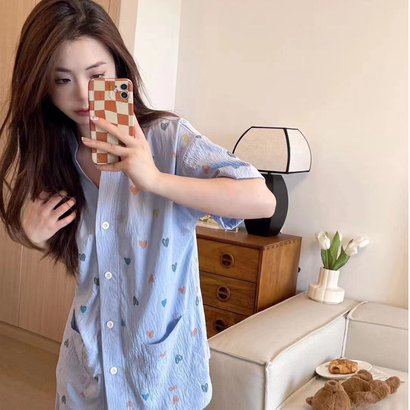 日系爱心和服睡衣三件套休闲家居短袖短裤套装舒适长裤甜美居家服