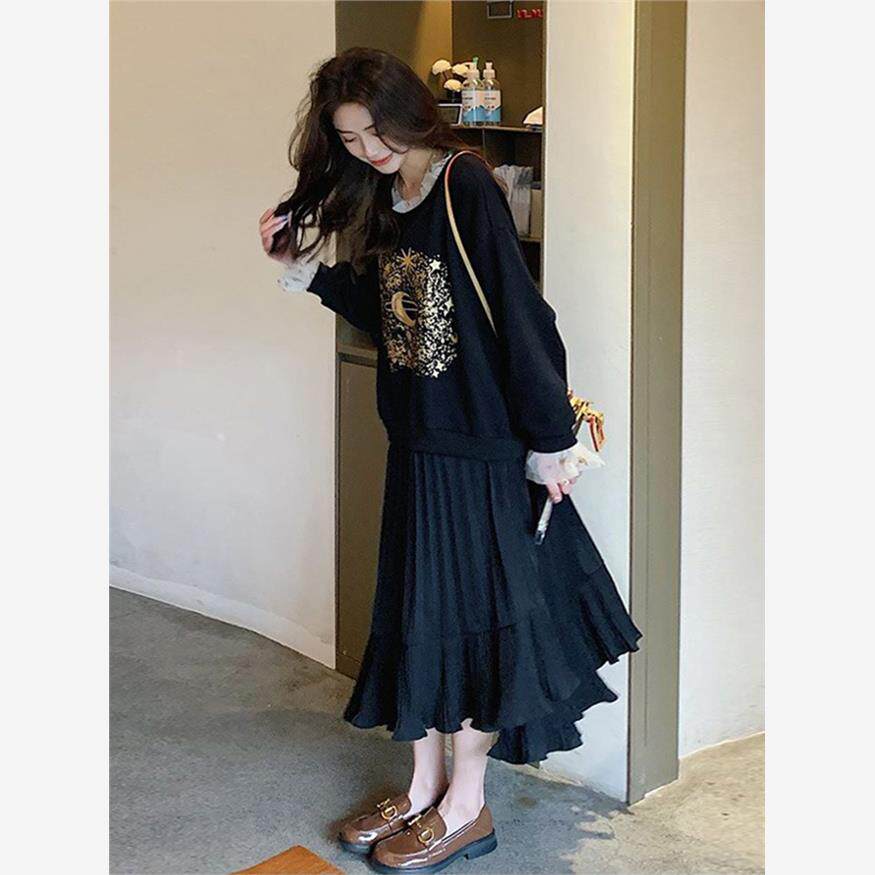 不规则设计蕾丝拼接假两件卫衣裙女中长款2025春季新款韩版连衣裙