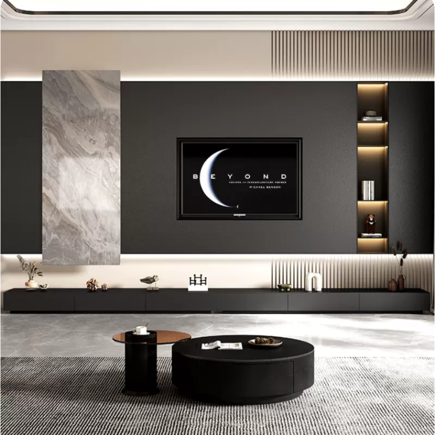 电视岩板背景墙轻奢哑光大理石现代简约网红客厅悬空素色木格栅