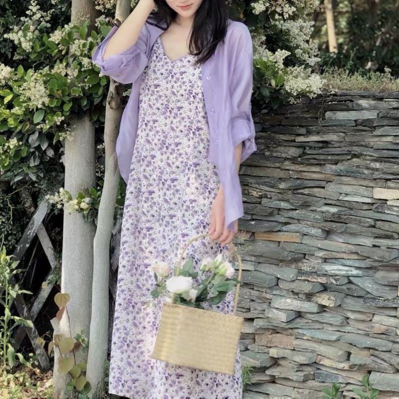 单件/套装两件套吊带裙女夏防晒衬衫+紫色碎花连衣裙2021新款夏装