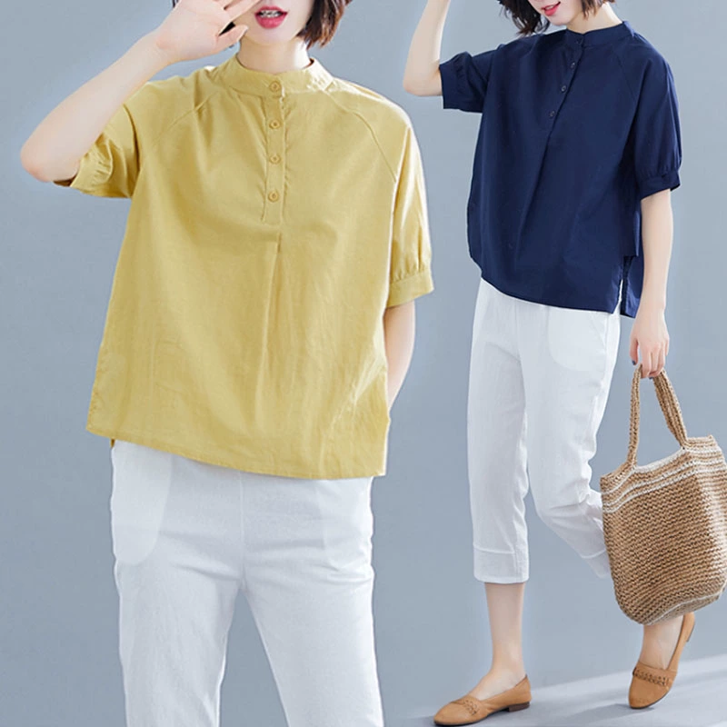Mùa hè năm 2021 phiên bản Hàn Quốc mới của phụ nữ cỡ lớn đơn giản màu sắc cổ điển cotton và vải lanh lỏng lẻo áo sơ mi giản dị ngắn tay - Áo sơ mi