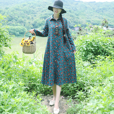 秋冬装新款民族风女装复古棉麻小碎花中长款加绒加厚开衫连衣裙潮