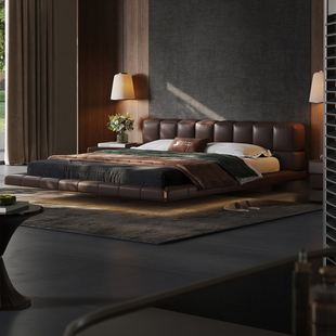 意式 极简黑色巧克力悬浮床轻奢高端软包真皮床1米8双人主卧大床