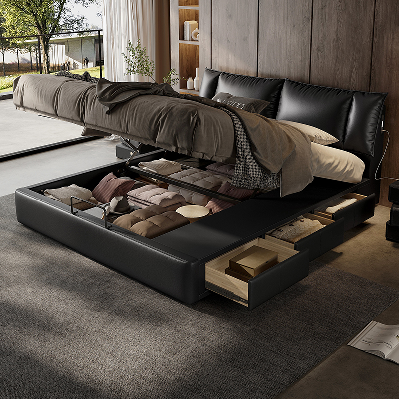 2025新款气压储物床黑色软包主卧双人床2米x2米2箱式多功能储物床