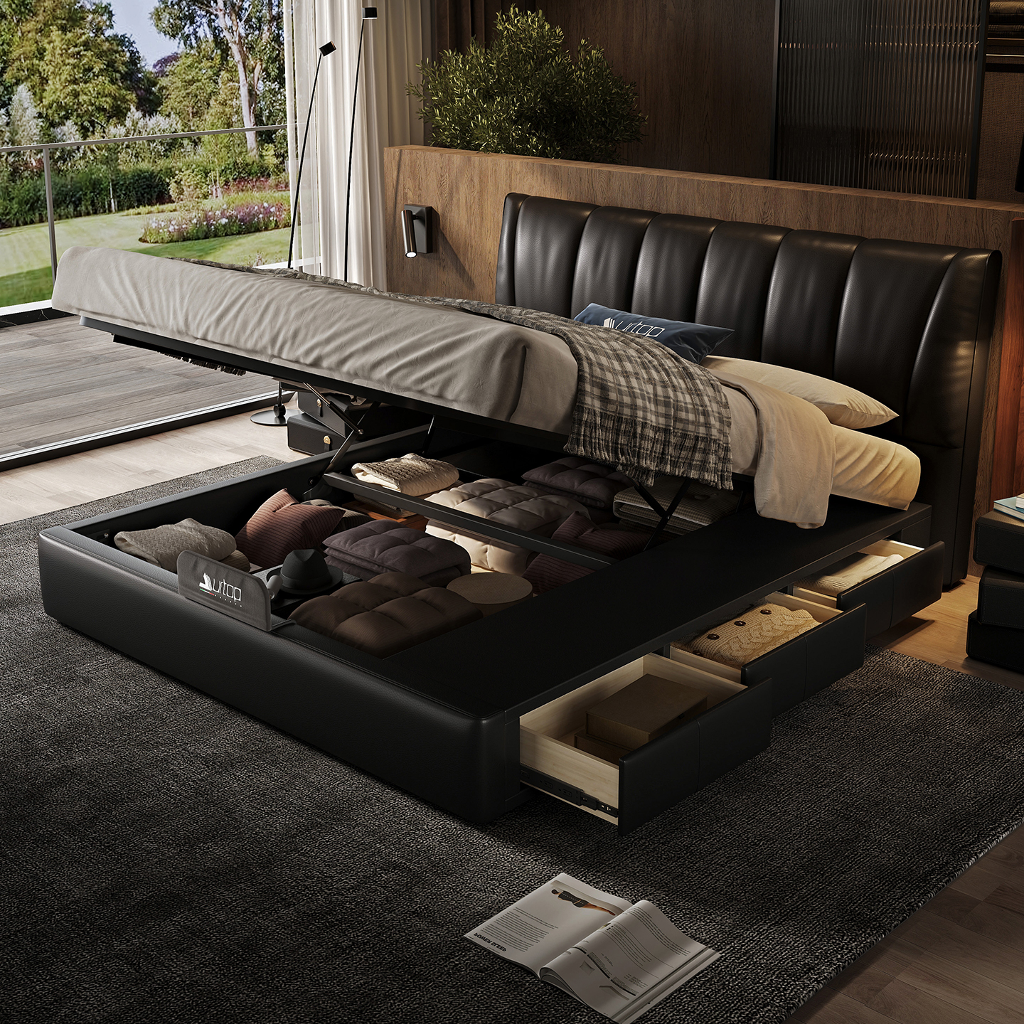 钢琴键真皮软包床意式极简轻奢主卧室落地储物箱体床1米8双人大床