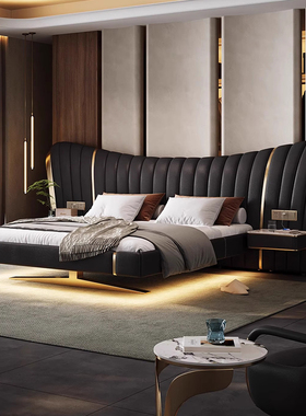 意式极简悬浮床大平层别墅高端主卧室轻奢真皮床1米8双人大床婚床