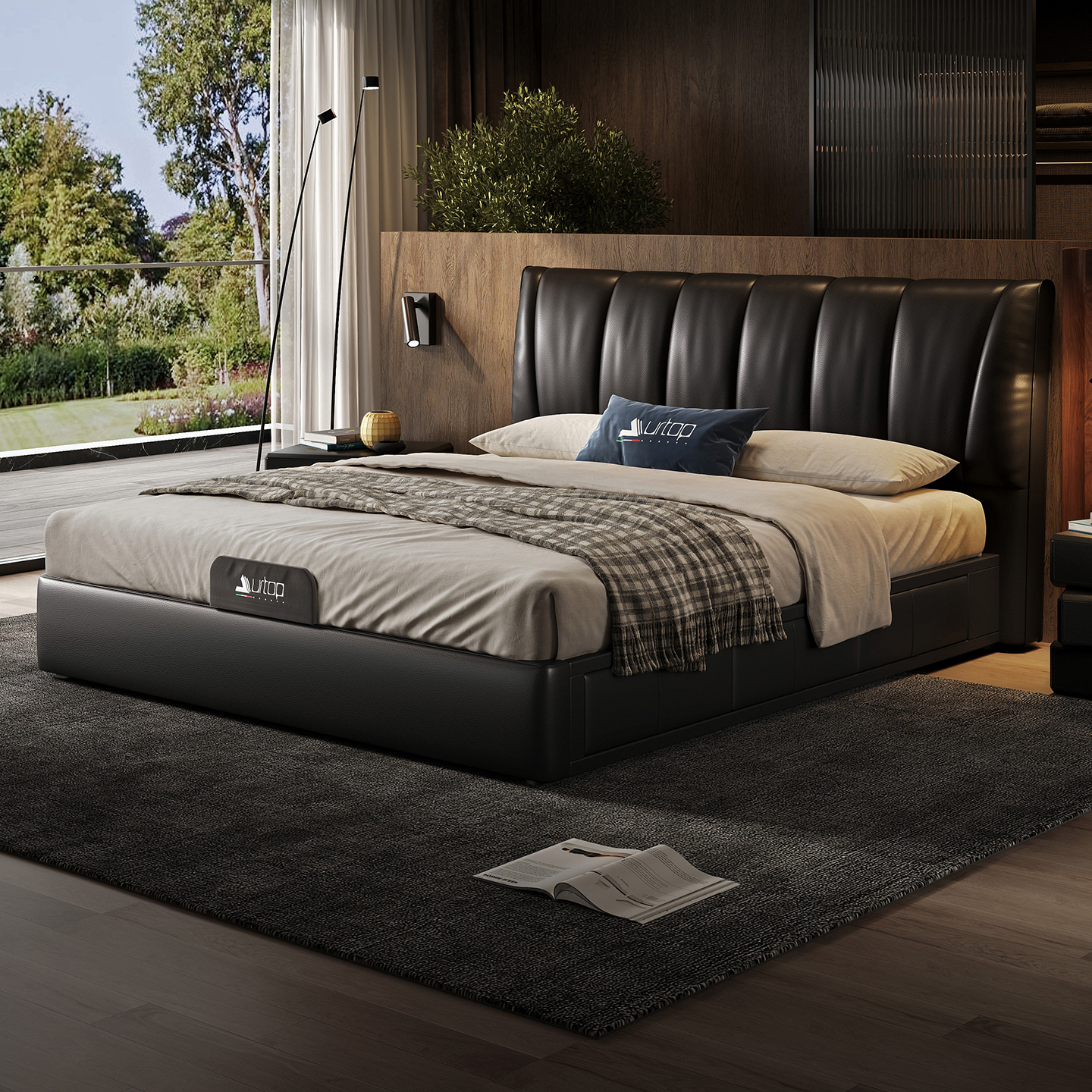 钢琴键床头真皮软包床主卧高端大气落地储物箱体双人床2米*2米2